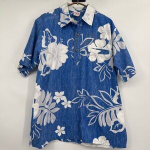 Barefoot in Paradise Blue Tropical Floral Short Sleeve Pullover Shirt Size Large